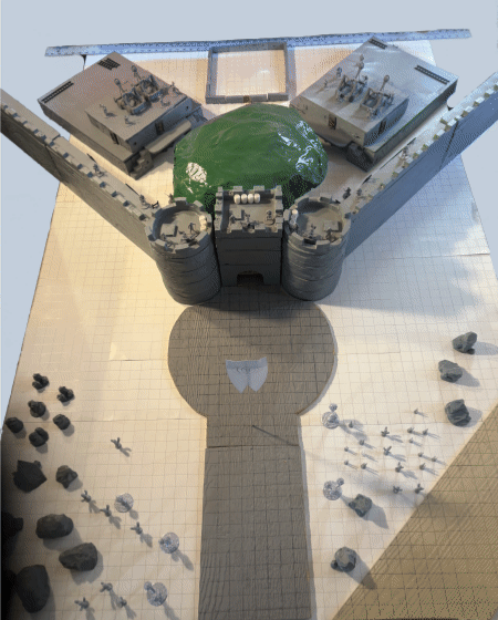 The Front Gate showing Tower 1 on the left, the Gatehouse in the center, and Tower 9 on the right.